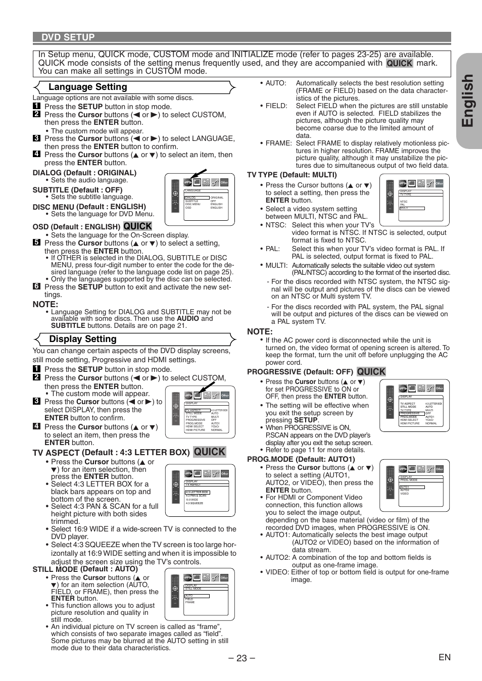 English, Quick, Quick – 23 | Display setting, Dvd setup, Language setting, Tv aspect (default : 4:3 letter box) | Denon DVD-558 User Manual | Page 24 / 29