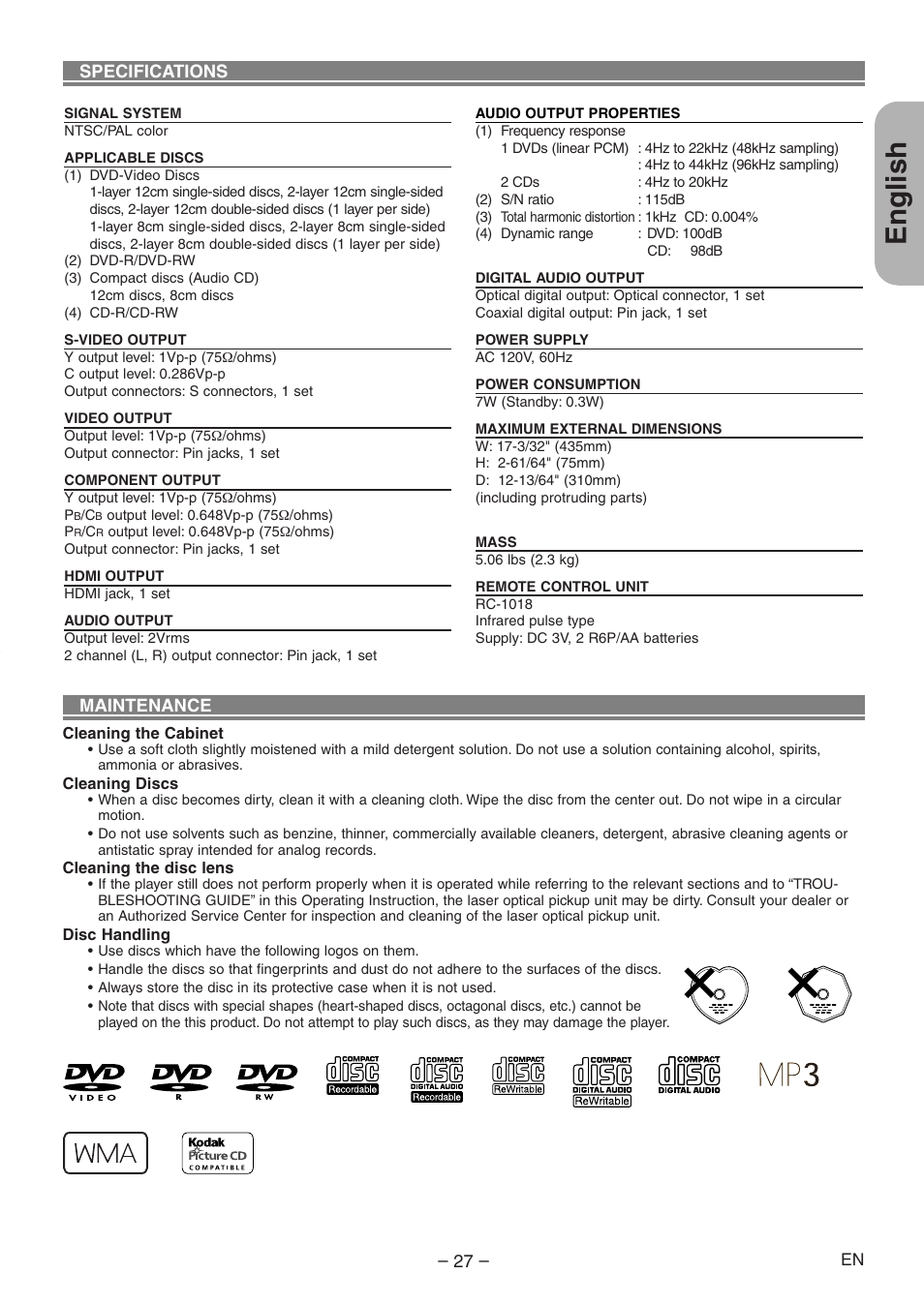 English, Specifications, Maintenance | Denon DVD-558 User Manual | Page 28 / 29