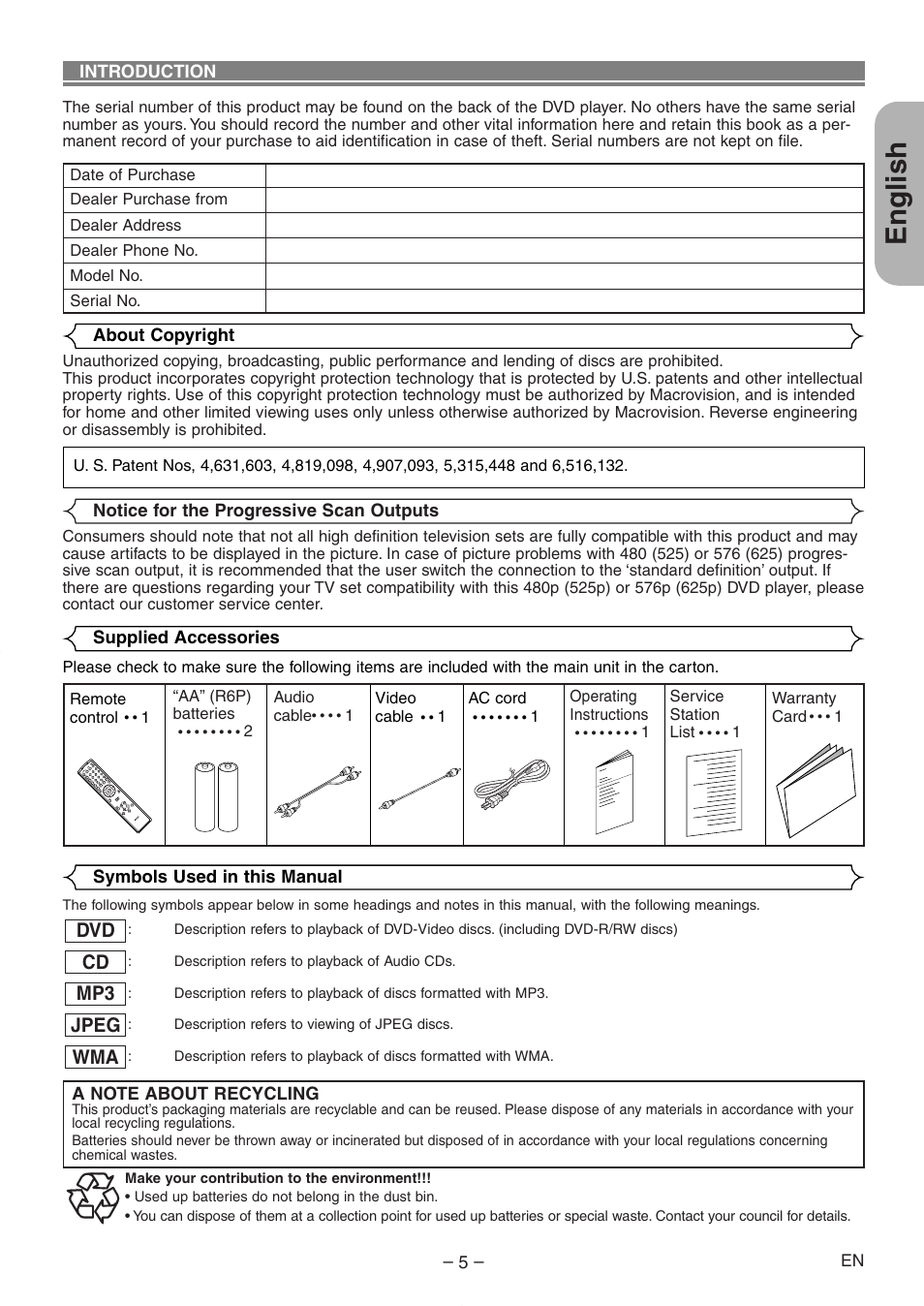 English, Wma jpeg mp3 cd dvd | Denon DVD-558 User Manual | Page 5 / 29