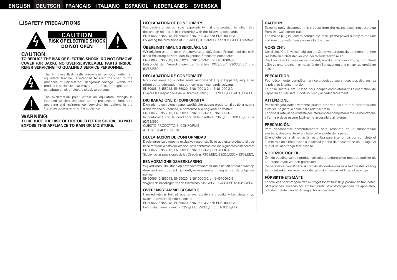 Caution | Denon AVR-1507 User Manual | Page 2 / 64