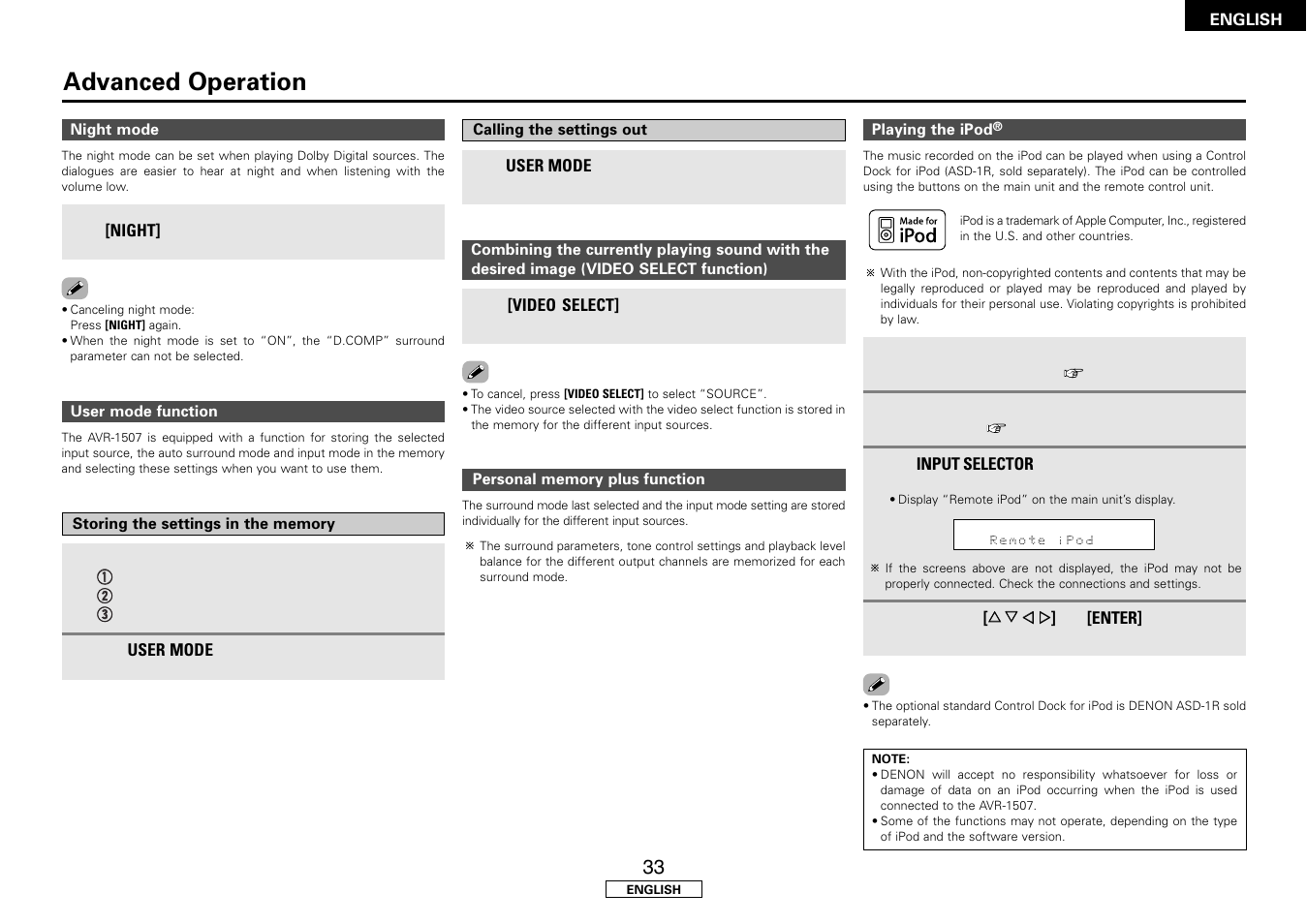 Advanced operation | Denon AVR-1507 User Manual | Page 37 / 64