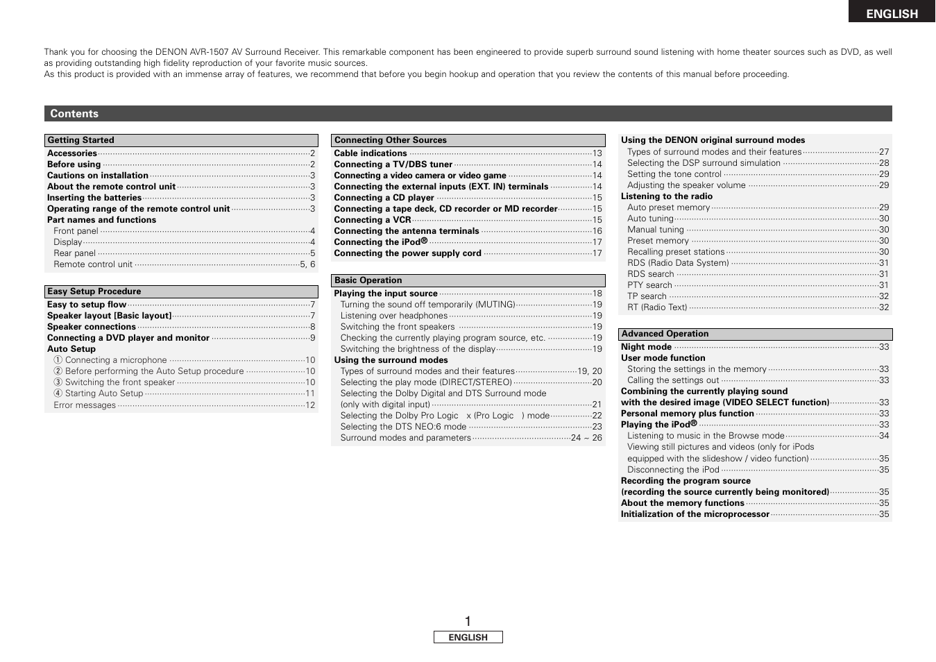 Denon AVR-1507 User Manual | Page 5 / 64