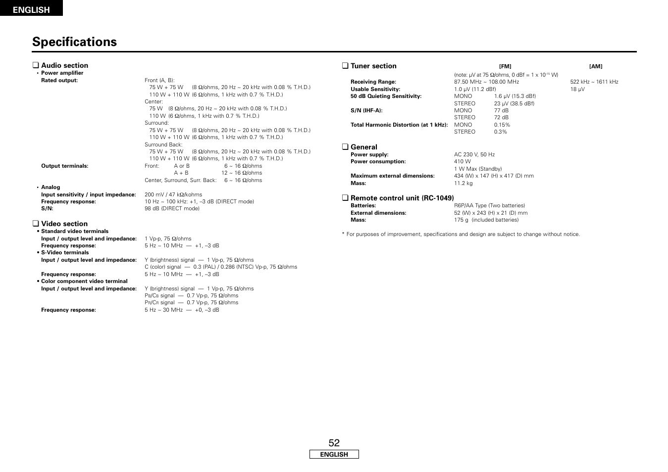 Specifications, English | Denon AVR-1507 User Manual | Page 56 / 64