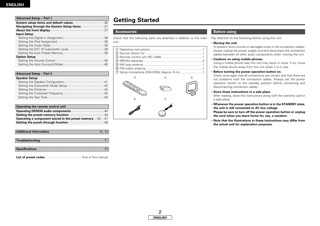 Getting started | Denon AVR-1507 User Manual | Page 6 / 64