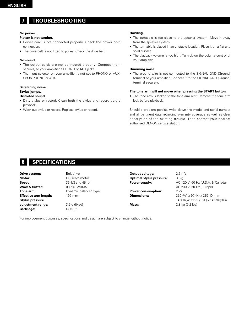 7troubleshooting, 8specifications | Denon DP-29F User Manual | Page 10 / 11