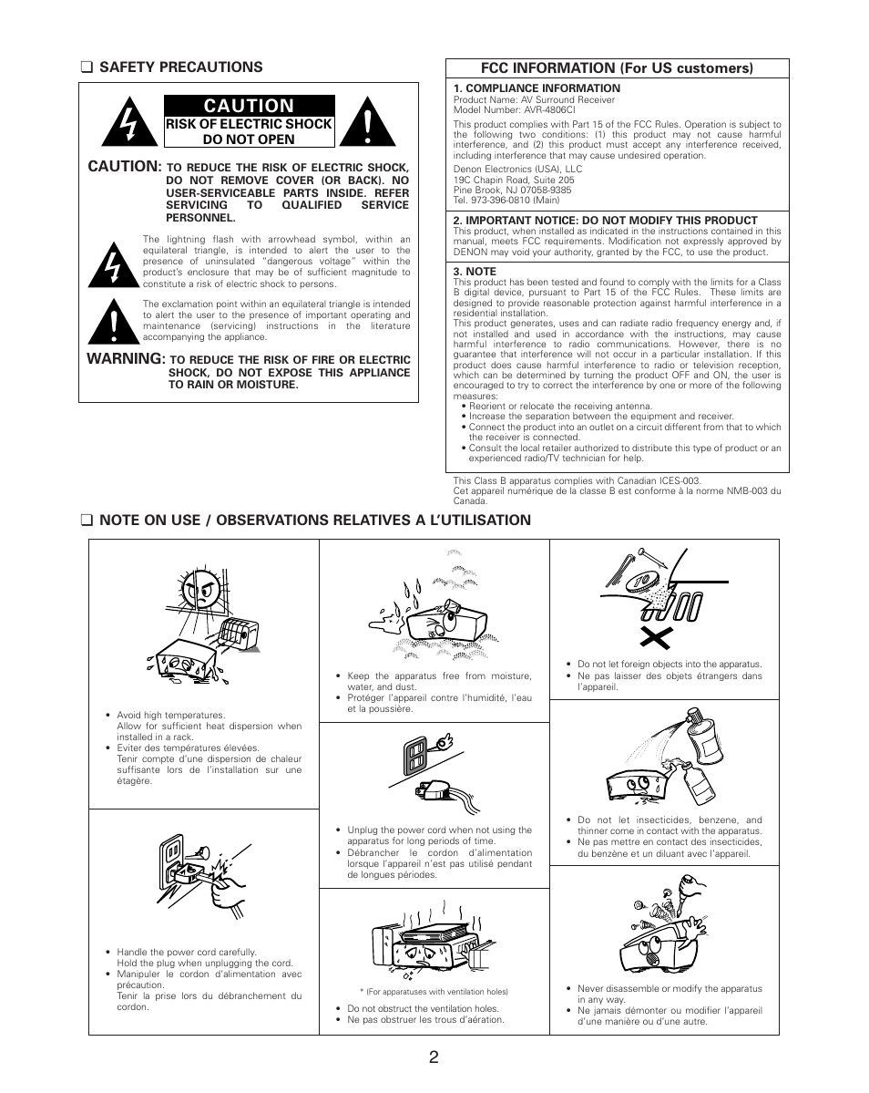Caution, Warning, Fcc information (for us customers) | Denon AVR-4806CI User Manual | Page 2 / 202