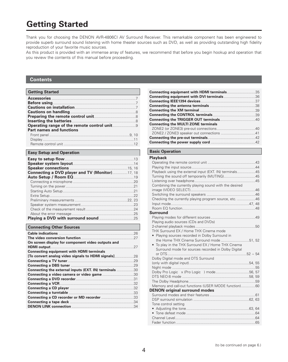 Getting started | Denon AVR-4806CI User Manual | Page 4 / 202