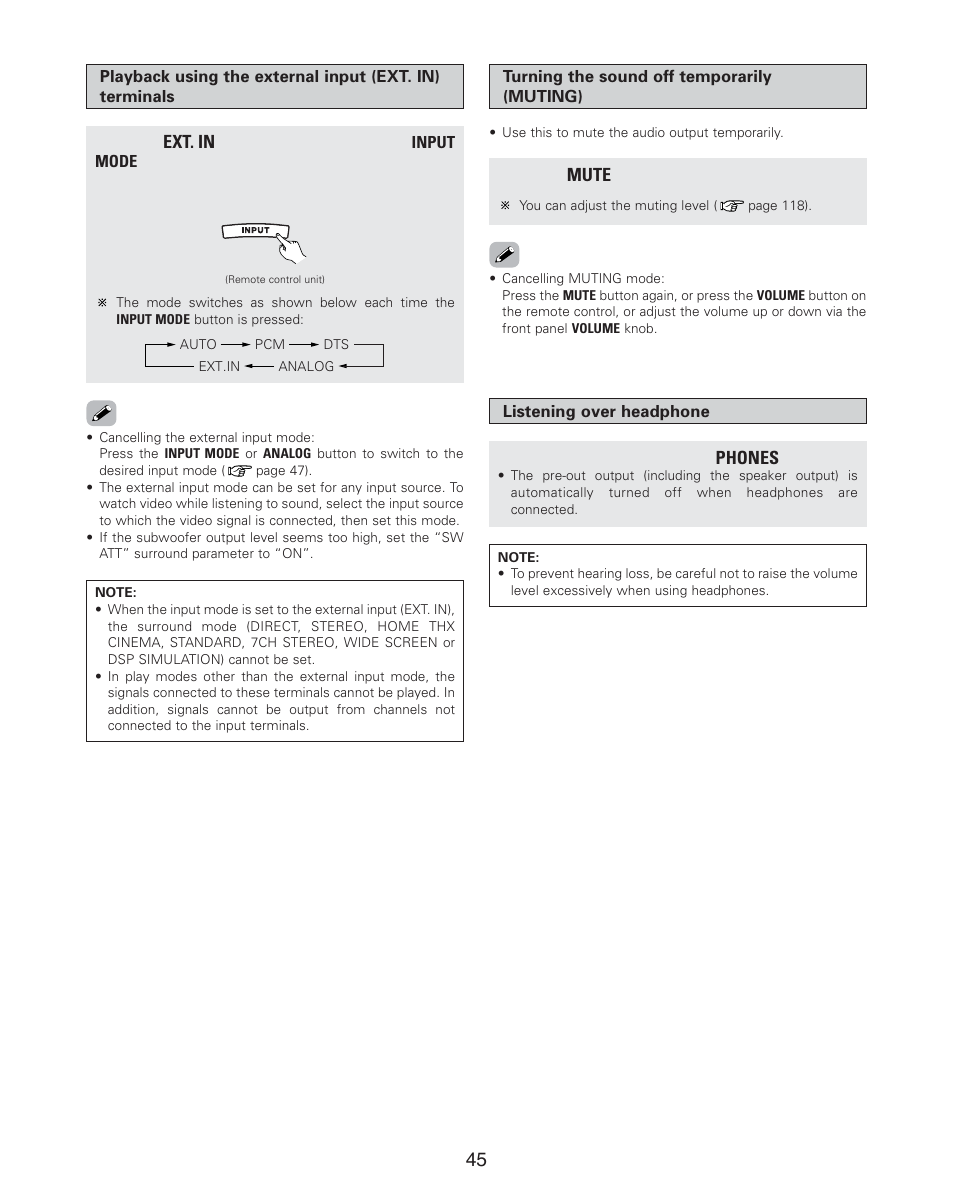 Ext. in, Phones, Mute | Denon AVR-4806CI User Manual | Page 45 / 202