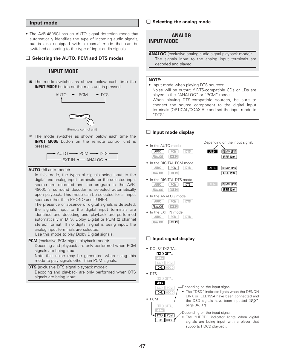 Analog, Input mode | Denon AVR-4806CI User Manual | Page 47 / 202