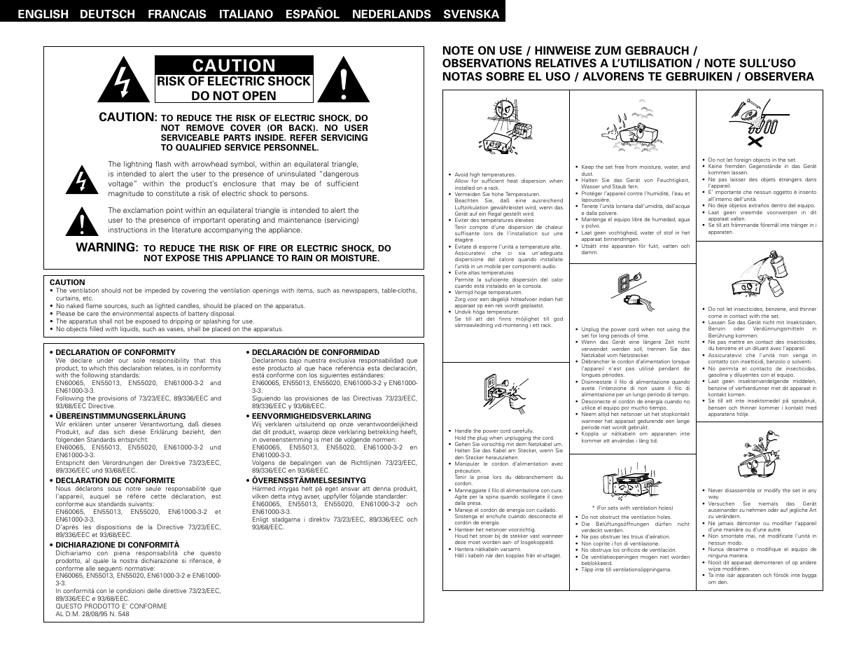 Caution, Risk of electric shock do not open caution, Warning | Denon AVR-2802 User Manual | Page 2 / 74