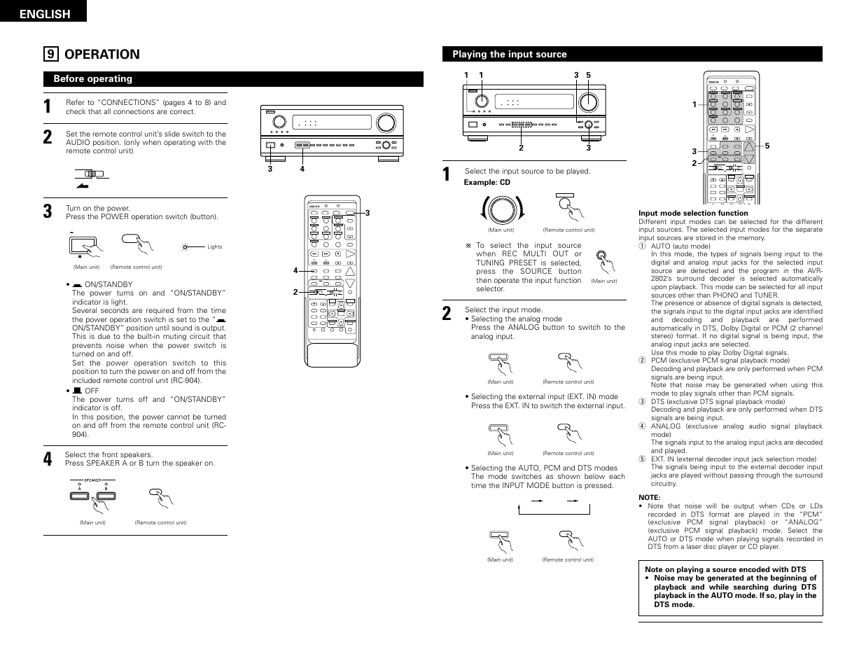 Operation, System setup surround parameter ch select select, Set a / b call off enter on / source | Cdr / tape | Denon AVR-2802 User Manual | Page 20 / 74