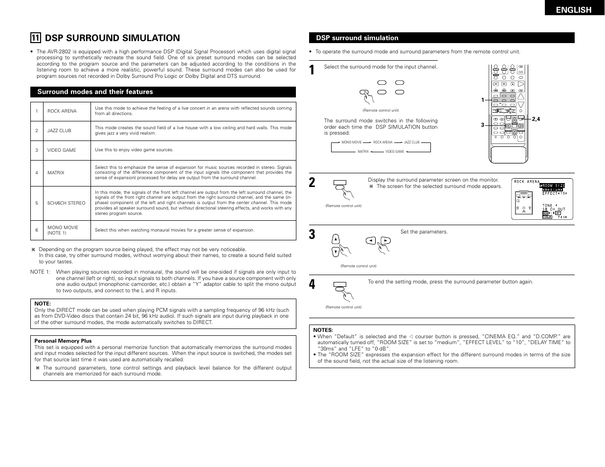 Dsp surround simulation, System setup surround parameter ch select select, A / b enter | Denon AVR-2802 User Manual | Page 27 / 74