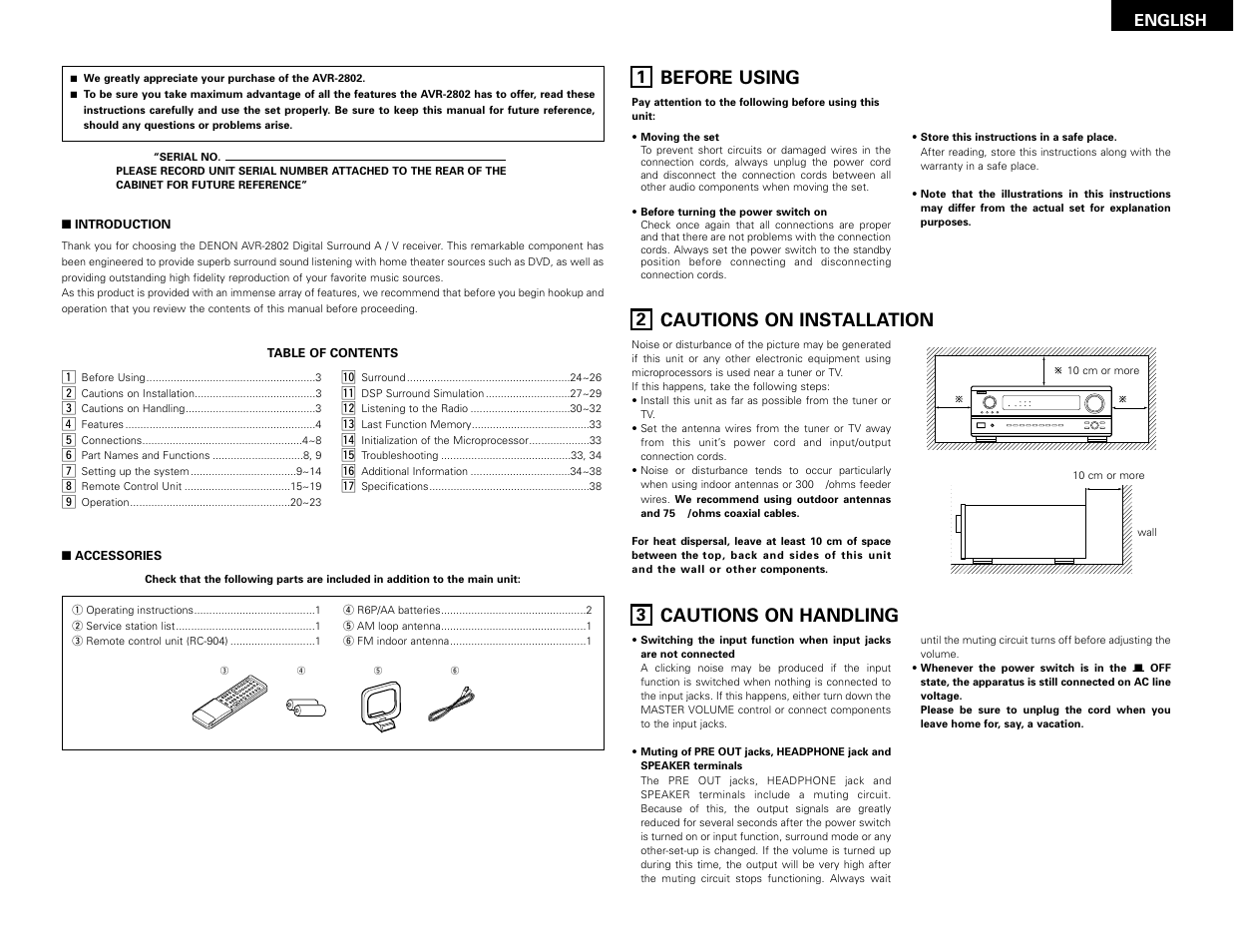 English, Before using, Cautions on installation | Cautions on handling | Denon AVR-2802 User Manual | Page 3 / 74