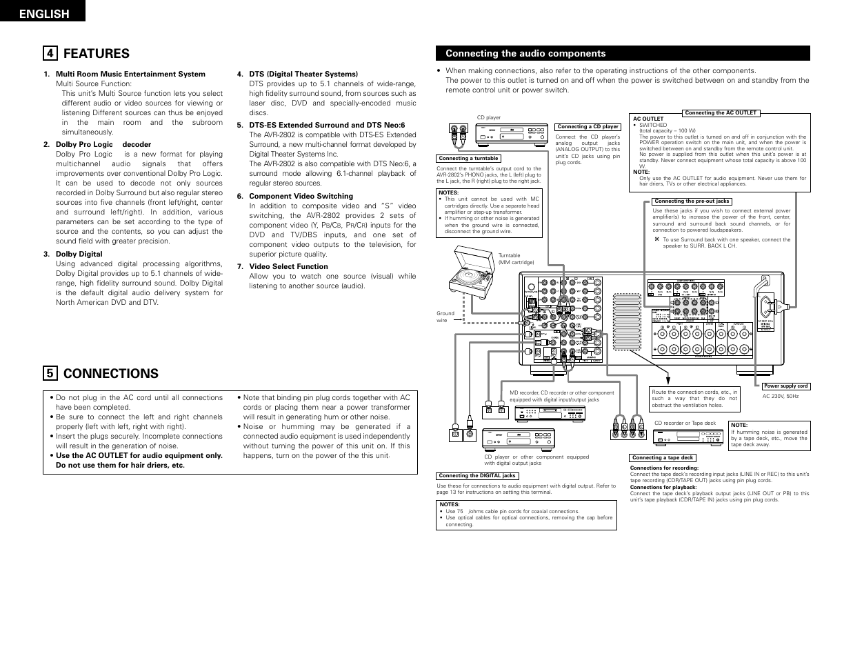 Features, Connections, Digital audio | Digital audio b b, English | Denon AVR-2802 User Manual | Page 4 / 74