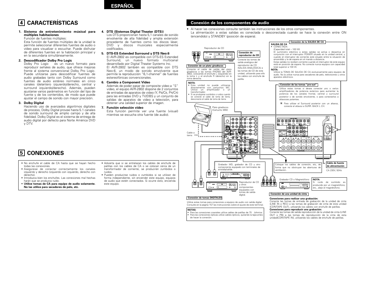 Características, Conexiones, Digital audio | Digital audio b b, Español | Denon AVR-2802 User Manual | Page 40 / 74