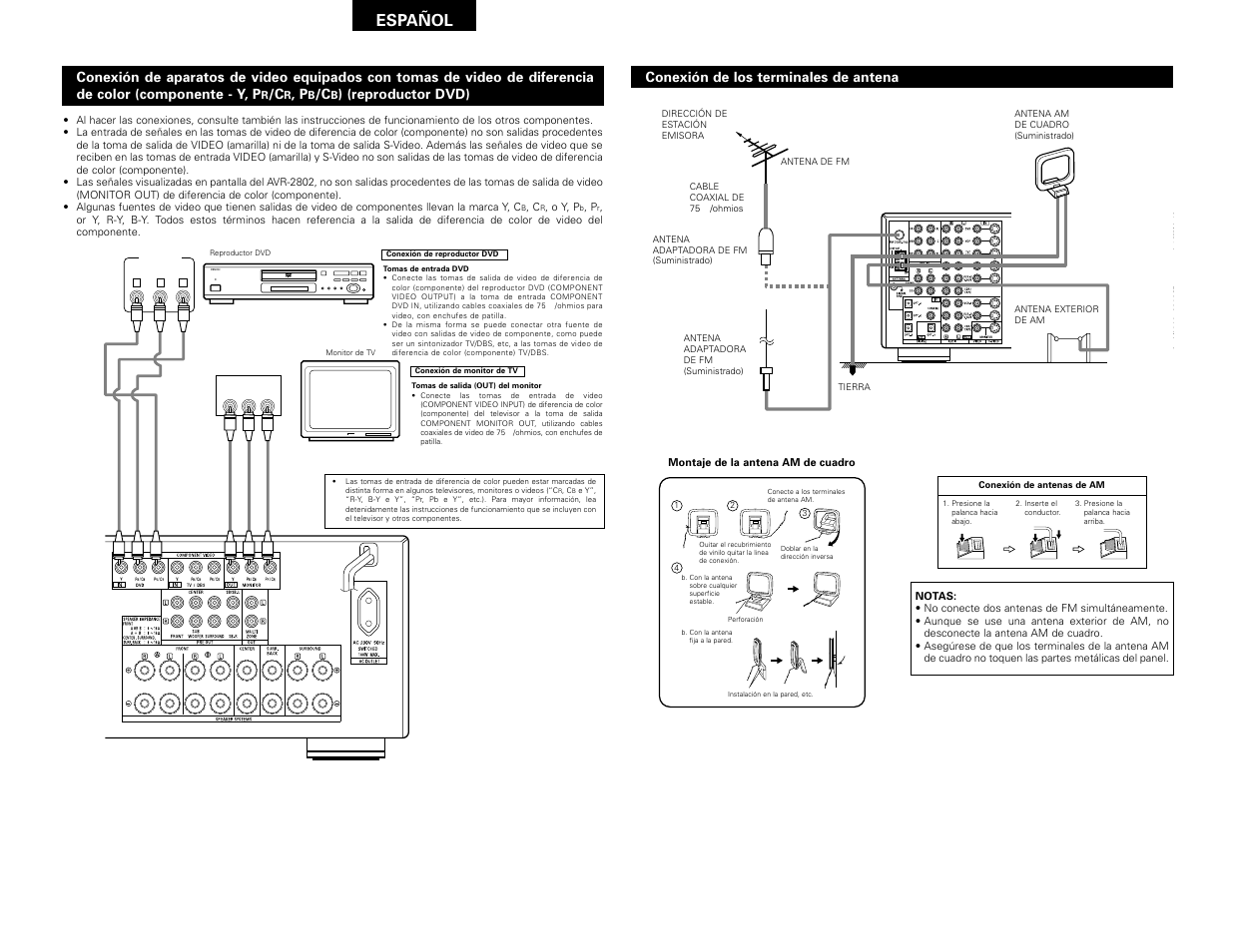 Español, Conexión de los terminales de antena, Reproductor dvd) | Denon AVR-2802 User Manual | Page 42 / 74