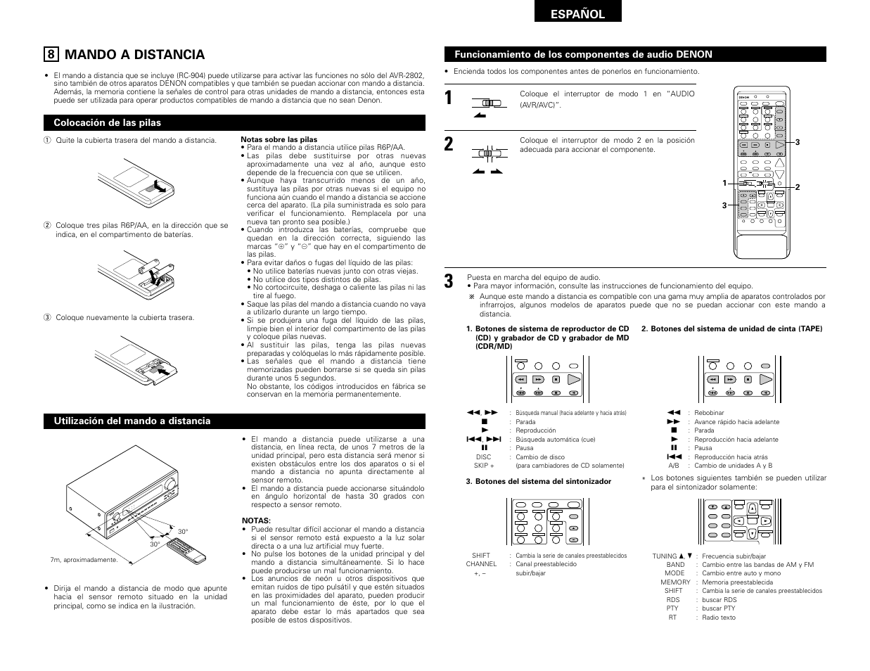 Mando a distancia, System setup surround parameter ch select select, Set a / b call off enter on / source | Cdr / tape, Español | Denon AVR-2802 User Manual | Page 51 / 74