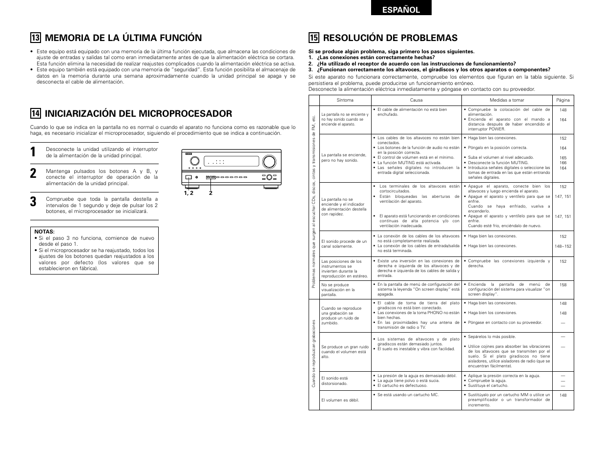 Memoria de la última función, Iniciarización del microprocesador, Resolución de problemas | Español | Denon AVR-2802 User Manual | Page 69 / 74