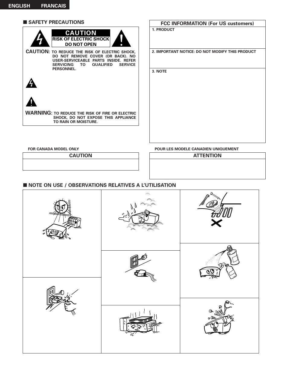 Caution, Warning, English francais | Safety precautions, Attention, Fcc information (for us customers) | Denon AVR-785 User Manual | Page 2 / 77