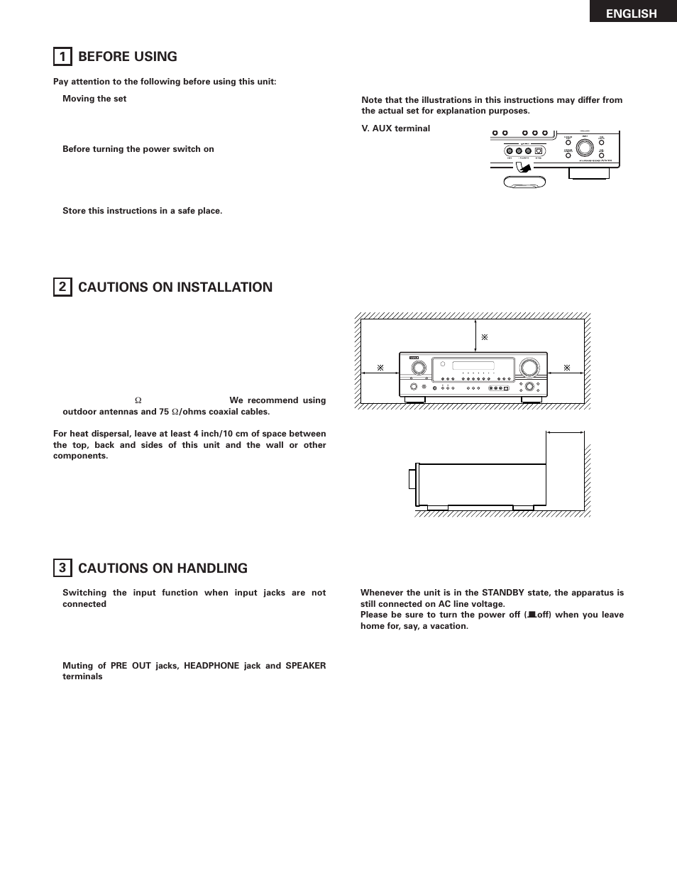 Before using, Cautions on installation, Cautions on handling | 2 cautions on installation, 3 cautions on handling, 1 before using | Denon AVR-785 User Manual | Page 5 / 77