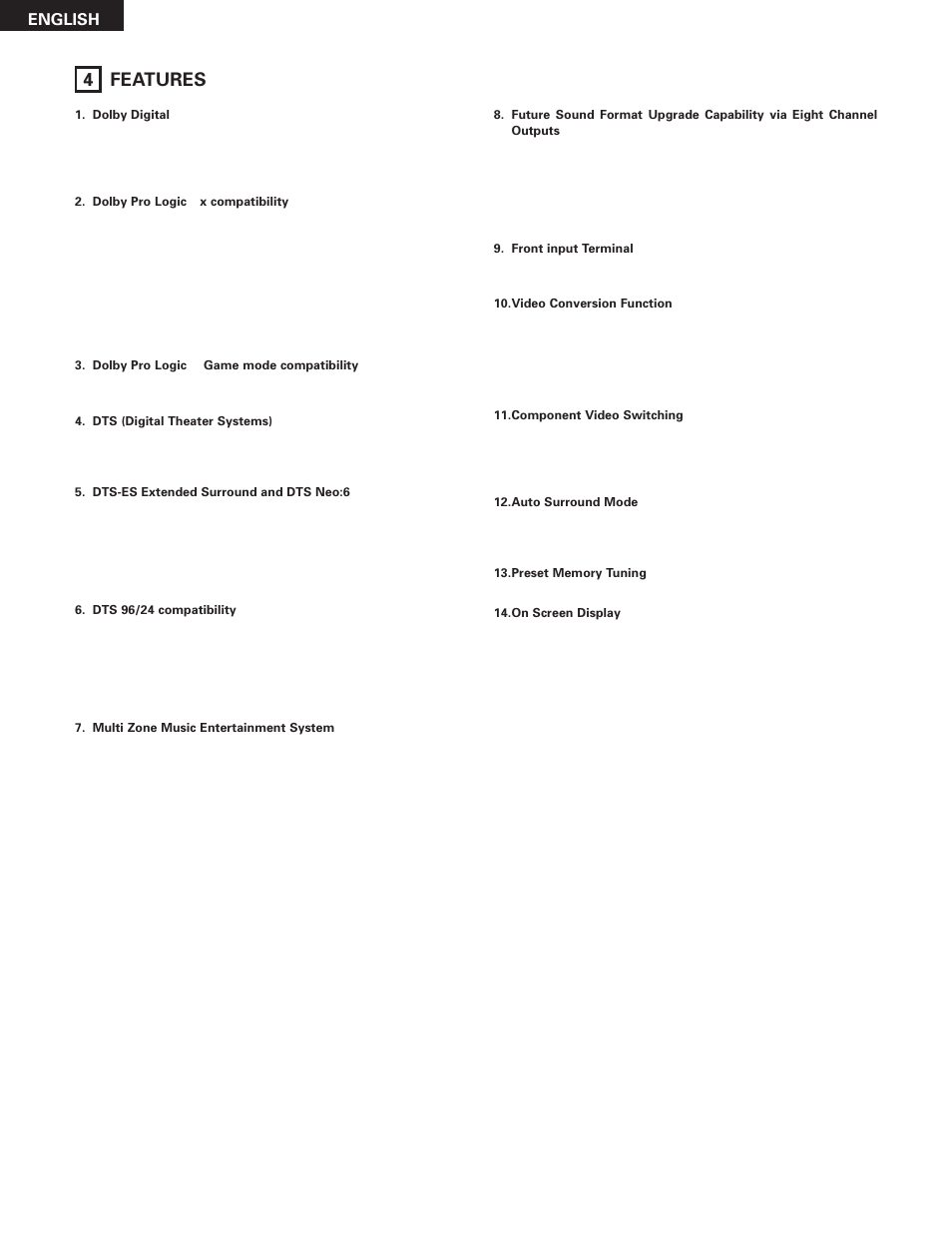 Features, 4 features, English | Denon AVR-785 User Manual | Page 6 / 77