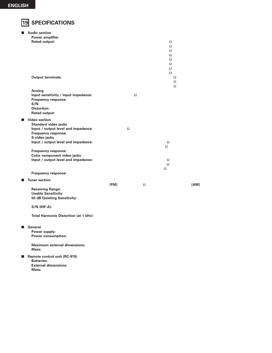 Specifications, 19 specifications, English | Denon AVR-785 User Manual | Page 70 / 77