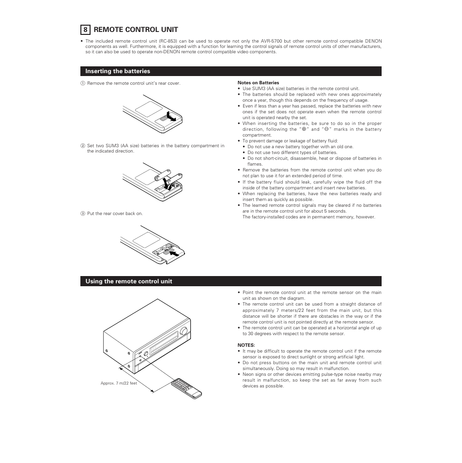8 remote control unit | Denon AVR-5700 User Manual | Page 28 / 64