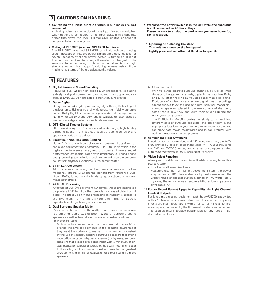 3 cautions on handling, 4 features | Denon AVR-5700 User Manual | Page 5 / 64