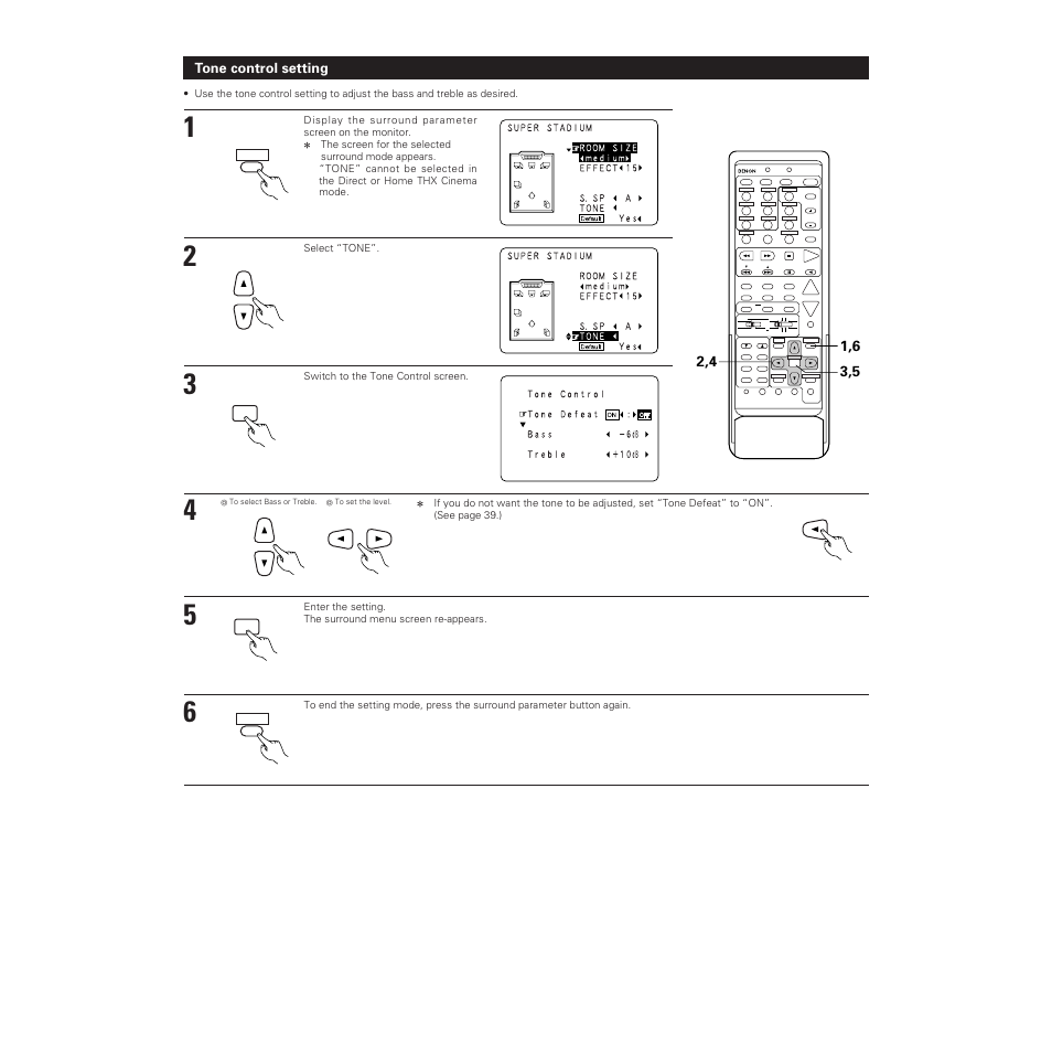 Tone control setting, Select “tone, Switch to the tone control screen | Denon AVR-5700 User Manual | Page 50 / 64