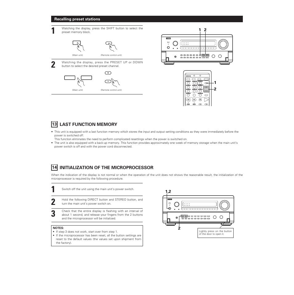 14 initialization of the microprocessor, Recalling preset stations | Denon AVR-5700 User Manual | Page 54 / 64