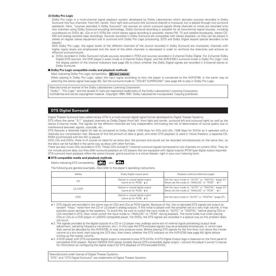 Dts digital surround | Denon AVR-5700 User Manual | Page 59 / 64