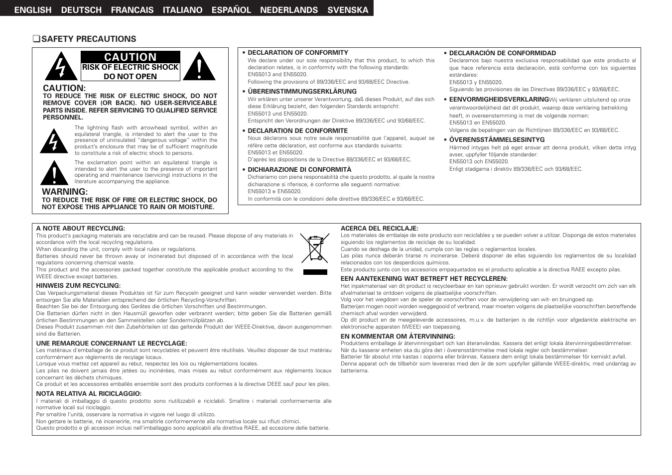 Caution | Denon SC-CX303 User Manual | Page 2 / 8