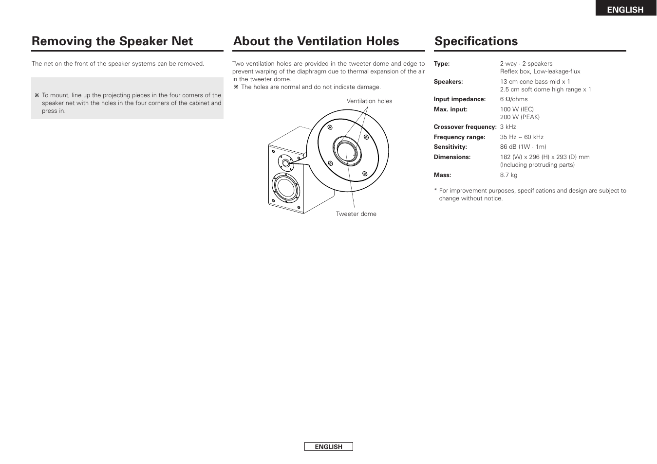 Specifications, About the ventilation holes, Removing the speaker net | Denon SC-CX303 User Manual | Page 7 / 8