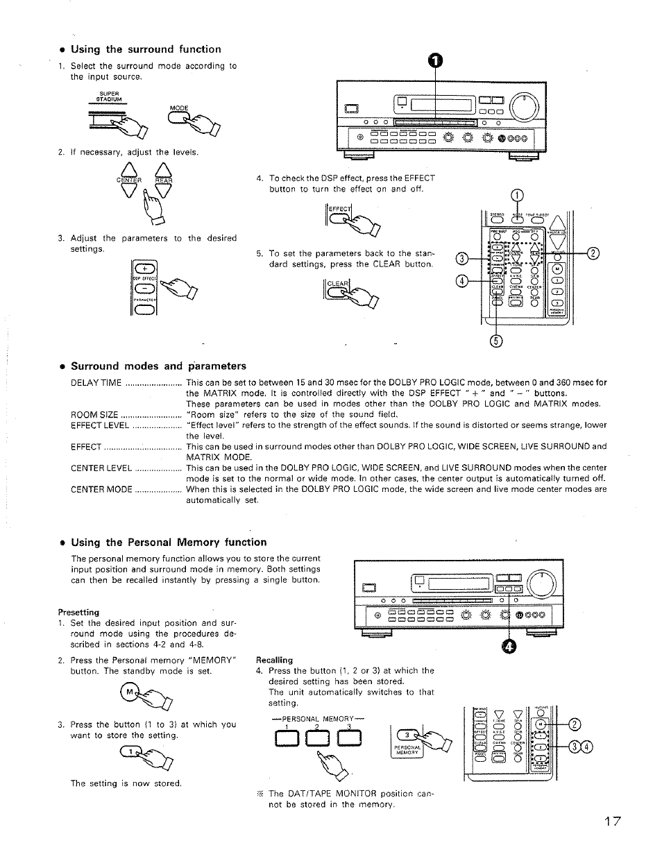Using the surround function, Jii ^ ^5i„y7, Surround modes and parameters | Using the personal memory function, Presetting, Recalling | Denon AVR-2500 User Manual | Page 17 / 24