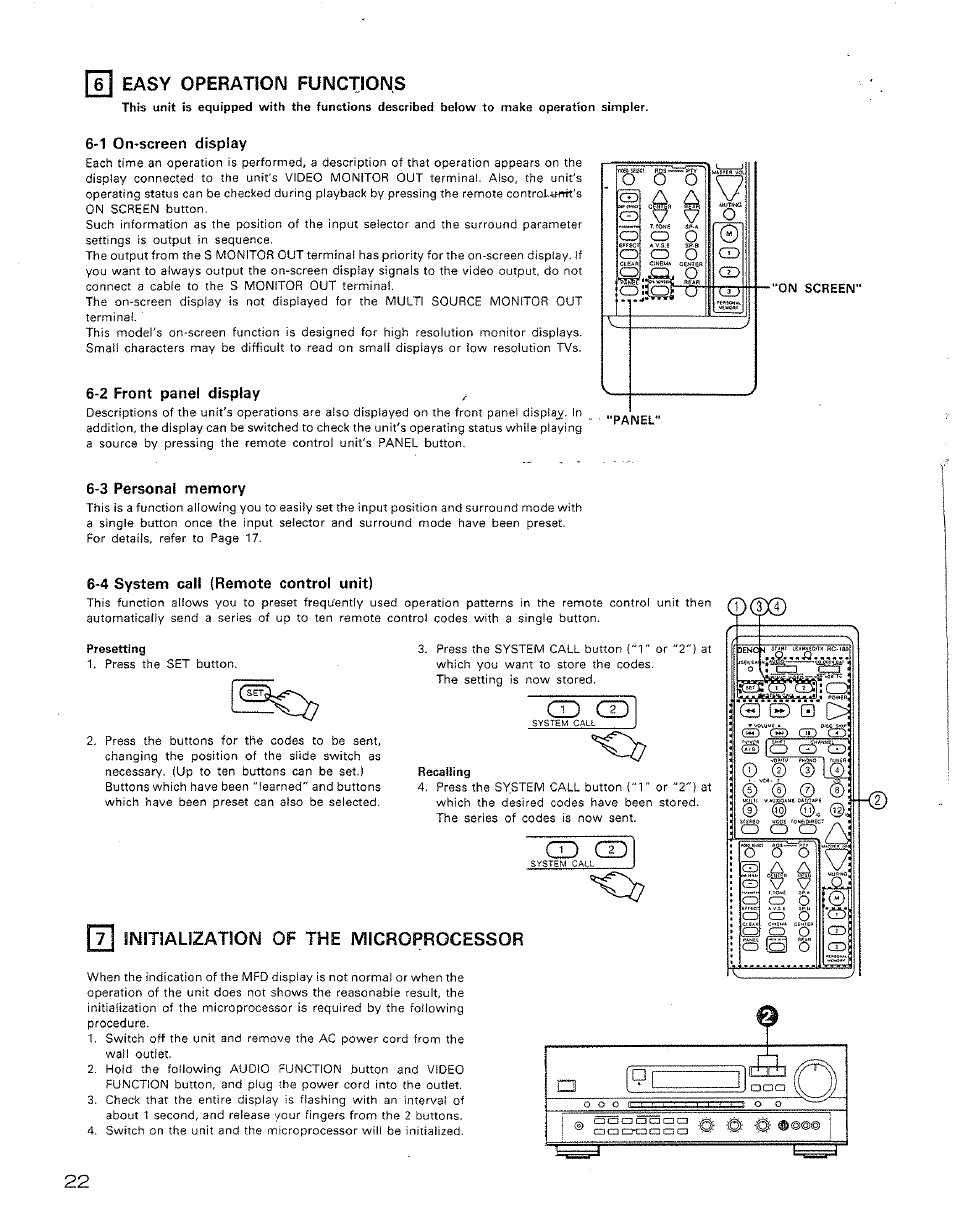 6 easy operatioim functions, 1 on-screen display, 2 front pane! display | 3 personal memory, 4 system call (remote control unit), Presetting, It! initialization of the microprocessor, Recalling, Cd cd, Initialization of the microprocessor | Denon AVR-2500 User Manual | Page 22 / 24