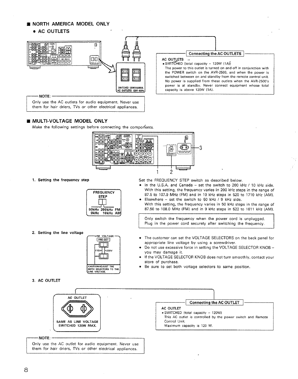 Ш north america model only * ac outlets, Connecting the ac outlets, H multi-voltage model only | Setting the frequency step | Denon AVR-2500 User Manual | Page 8 / 24