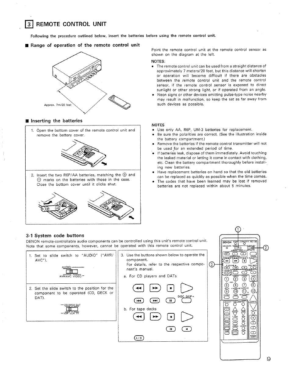 Range of operation of the remote control unit, N inserting the batteries, 1 system code buttons | 3 e), J izzj, Qd gd, 3 remote control unit | Denon AVR-2500 User Manual | Page 9 / 24