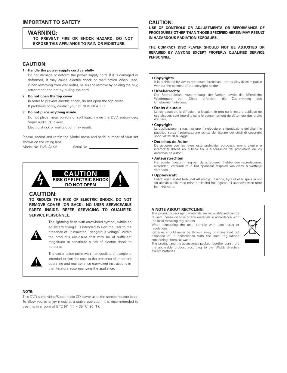 Warning, Important to safety, Caution | Denon DVD-A1XV User Manual | Page 2 / 92