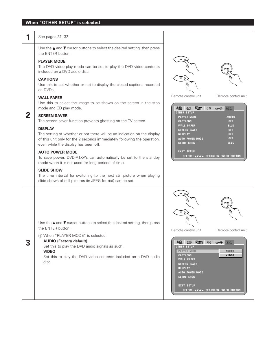 When “other setup” is selected | Denon DVD-A1XV User Manual | Page 54 / 92