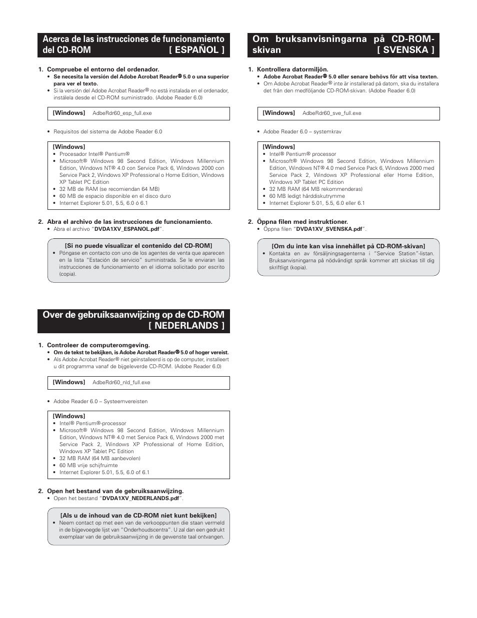Om bruksanvisningarna på cd-rom- skivan [ svenska | Denon DVD-A1XV User Manual | Page 6 / 92