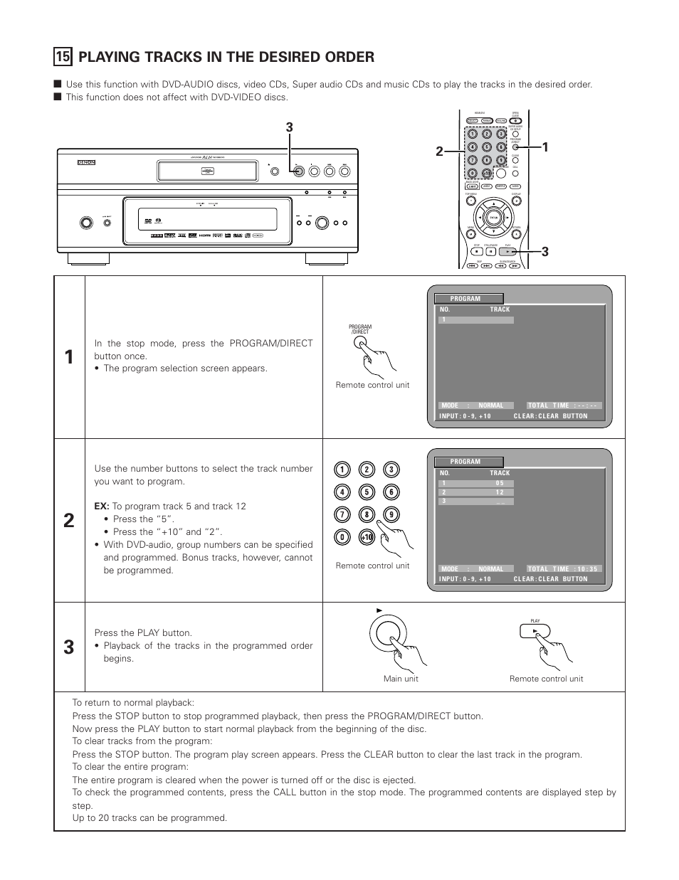 15 playing tracks in the desired order, On / standby | Denon DVD-A1XV User Manual | Page 73 / 92
