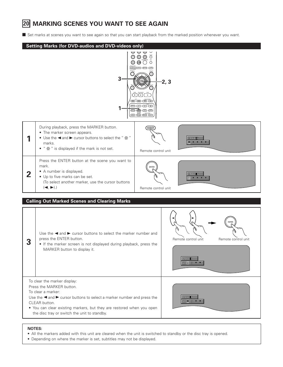 20 marking scenes you want to see again, Setting marks (for dvd-audios and dvd-videos only), Calling out marked scenes and clearing marks | Denon DVD-A1XV User Manual | Page 81 / 92