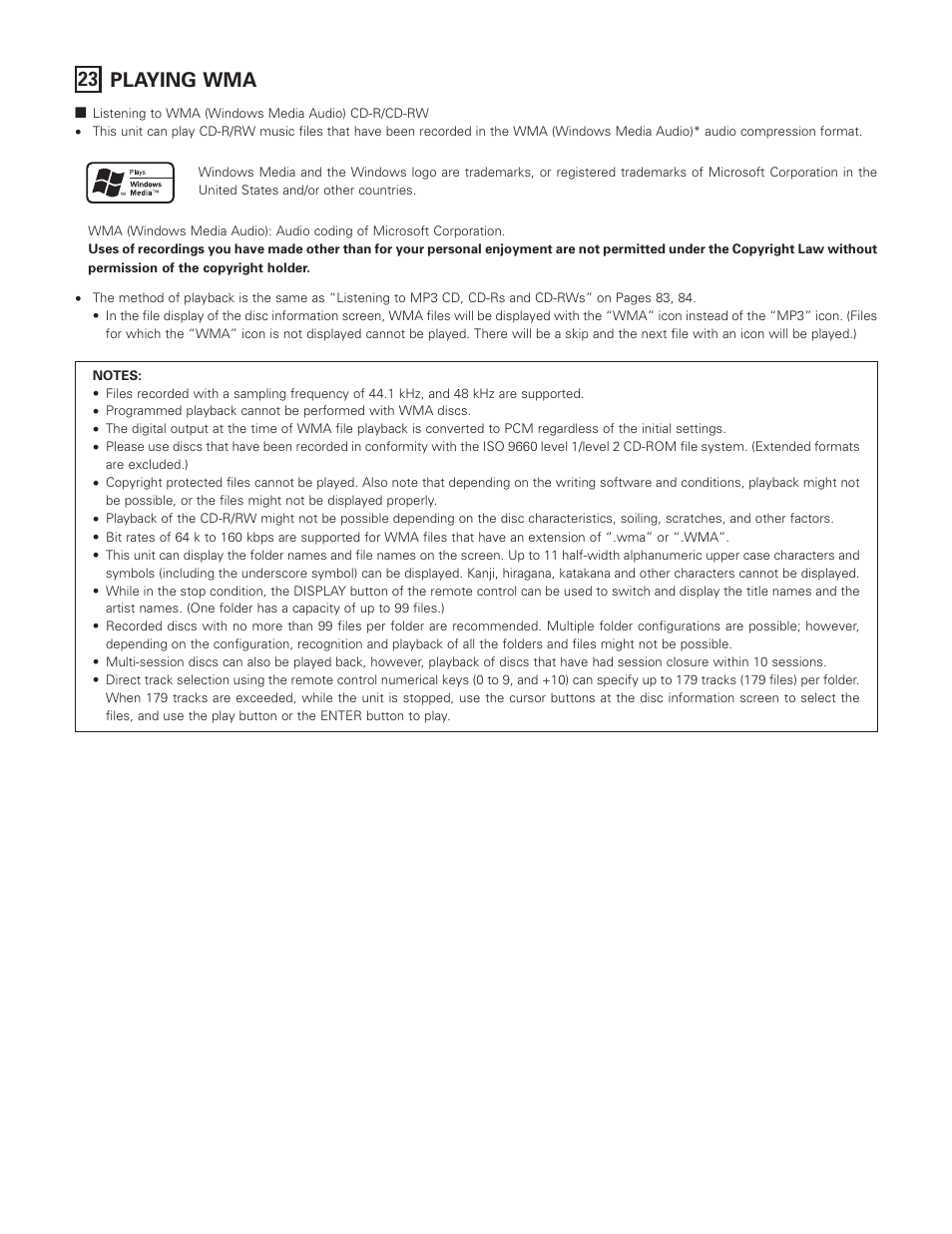 23 playing wma | Denon DVD-A1XV User Manual | Page 85 / 92