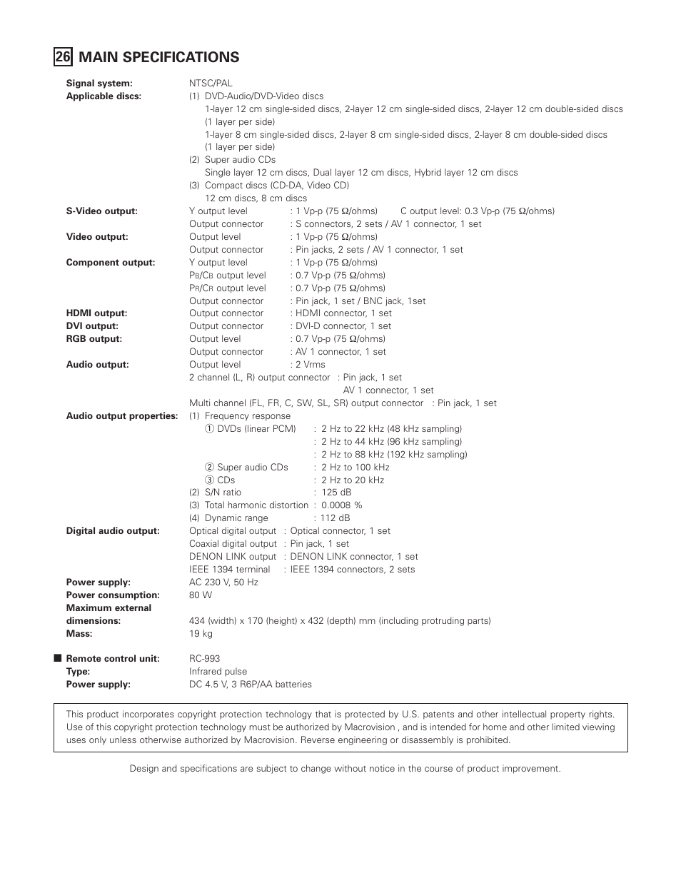 26 main specifications | Denon DVD-A1XV User Manual | Page 91 / 92