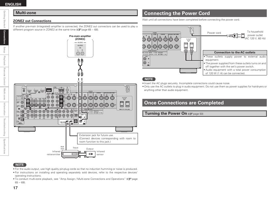 Connecting the power cord, Once connections are completed, Multi-zone | Turning the power on, English | Denon AVR-789 User Manual | Page 20 / 95