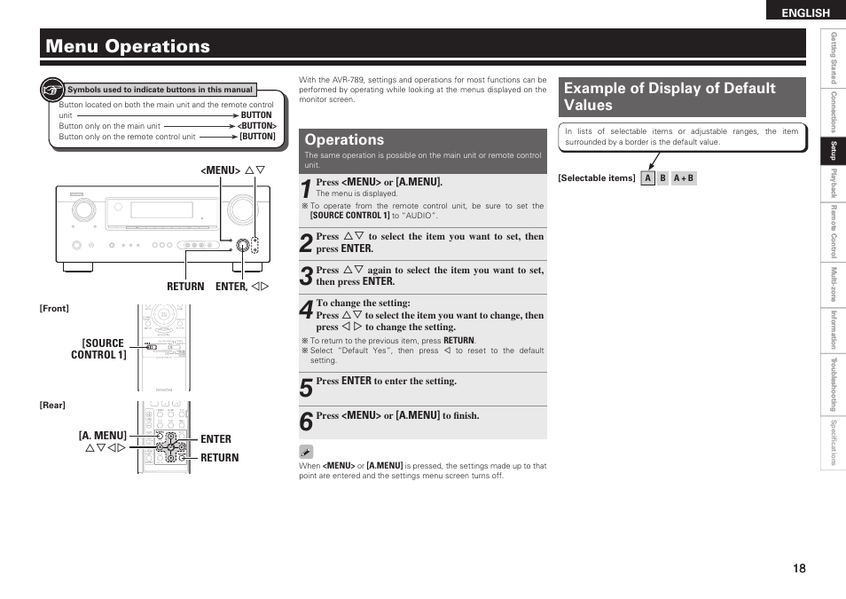 Menu operations, Operations, Example of display of default values | Denon AVR-789 User Manual | Page 21 / 95