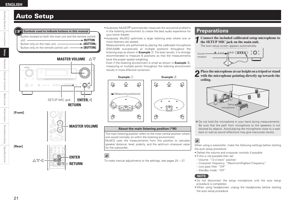 Auto setup, Preparations | Denon AVR-789 User Manual | Page 24 / 95