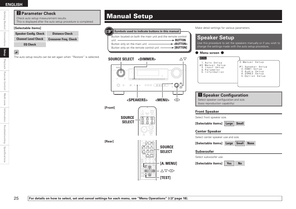 Manual setup, Speaker setup, Aspeaker confi guration | Sparameter check | Denon AVR-789 User Manual | Page 28 / 95