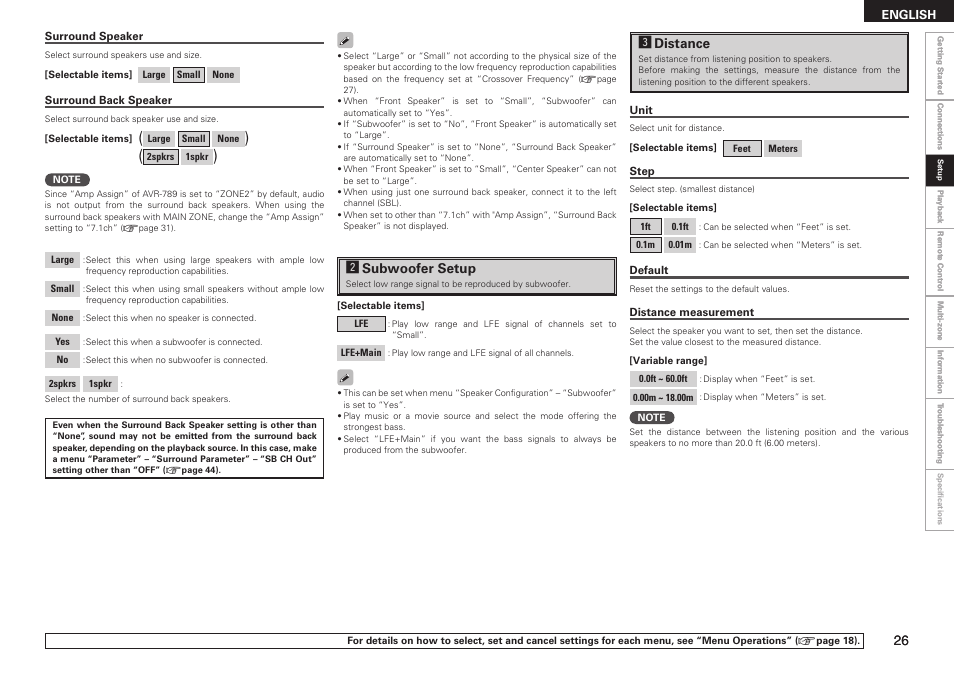 Ssubwoofer setup, Ddistance | Denon AVR-789 User Manual | Page 29 / 95