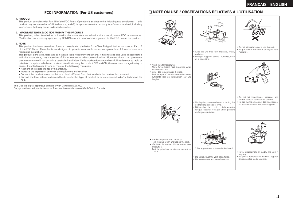 English francais, Fcc information (for us customers) | Denon AVR-789 User Manual | Page 3 / 95